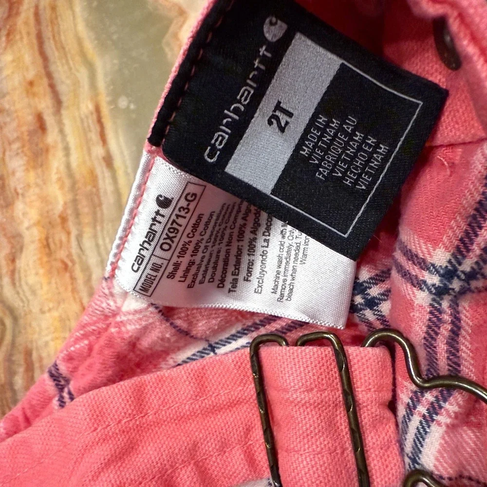 Carhartt Kids Flannel Canvas Bib Overalls Pink Lemonade Lining‎ Plaid Size 2T